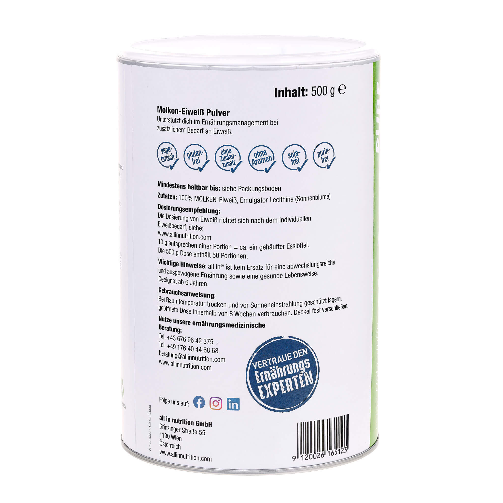all in® PURE WHEY MOLKEN Protein Pulver (6 x 500 g) - 3000 Gramm
