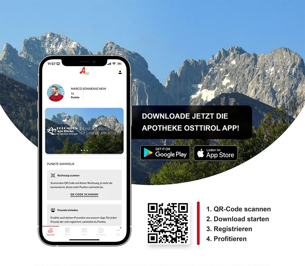 Smartphone abgebildet mit der "Apotheke Osttirol Bonusapp", mit einem beigefügten QR-Code welcher zum Download der App im Playstore führt.